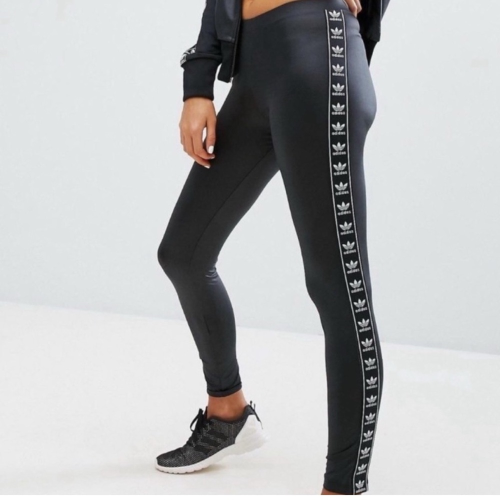 Adidas Women's Black Leggings with White Logo Stripe